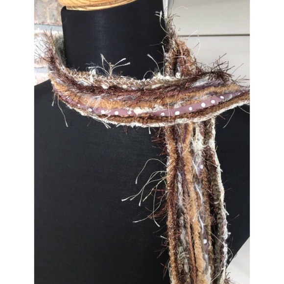 HANDMADE Necklace Scarf Brownie Dots Fringe Boho Eyelash Yarn Batik Fabric - Picture 3 of 4